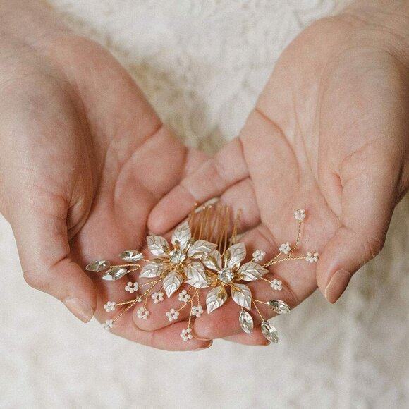 Gold Bridal Hair Comb Handmade Wedding Accessory Floral Rhinestone Women